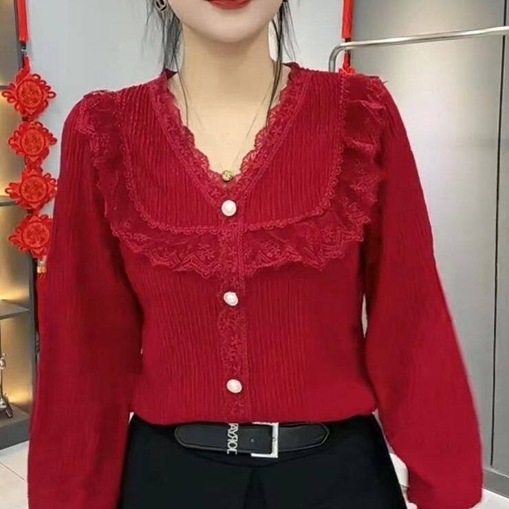 蕾丝洋气打底衬衫显瘦荷叶设计气质时尚减龄春新款上衣长袖宽松女，女装蕾丝衫/雪纺衫，思沃羊绒