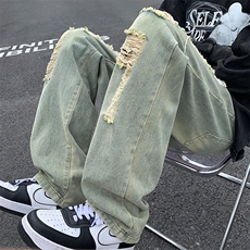 潮牌破洞牛仔裤男美式街头乞丐裤高街vibe复古痞帅裤子K7246-P42，男装牛仔裤，星座512-4