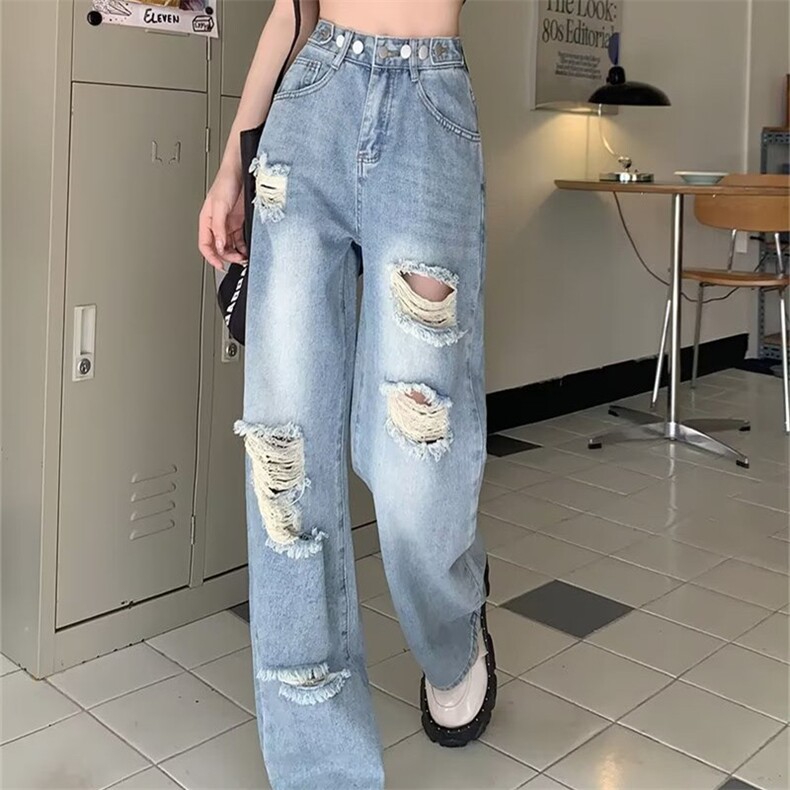 破洞阔腿牛仔裤女夏季2023新款高腰显瘦宽松拖地长裤子N3323-P43，女装牛仔裤，星座1008