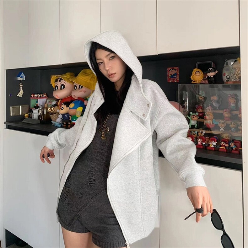 抖音得物品质26春装美式重磅结构斜拉链高领连帽卫衣开衫外套W61,女装短外套,电商A486