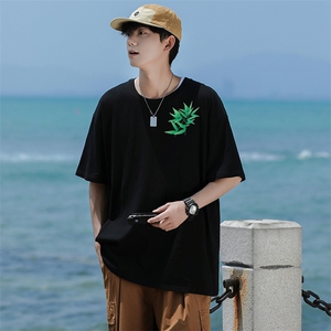 14T休闲印花重磅纯棉短袖T恤衫男女可定制学生团队服大码港风竹叶图片