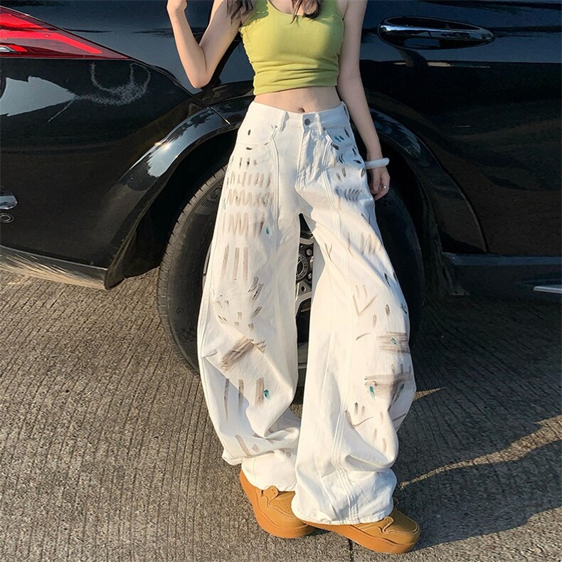 夏季涂鸦白色牛仔裤女士高个子加长版宽松阔腿弯刀裤子设计感小众,男装牛仔裤,星座506A