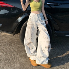 夏季涂鸦白色牛仔裤女士高个子加长版宽松阔腿弯刀裤子设计感小众，男装牛仔裤，星座506A