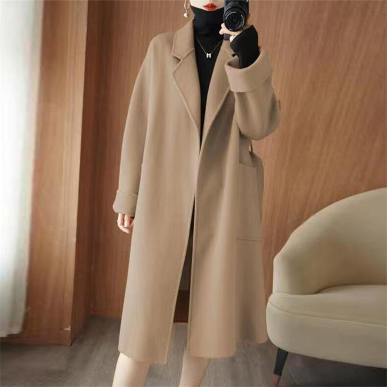 时尚百搭羊毛呢子大衣女中长款外套秋冬季显瘦气质风衣，女装毛呢外套，豪顺羊绒