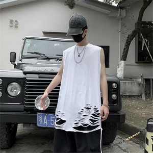 夏季韩版ins男女情侣宽松高街暗黑破洞背心上衣潮无袖BX52-P22,韩一诺闺蜜穿搭图片