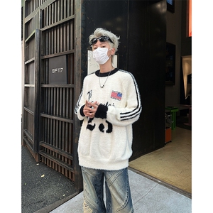 秋冬季美式潮牌字母提花水貂毛针织衫圆领宽松保暖慵懒风毛衣图片