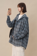 GENIOLAMODE美式格纹防晒连帽衬衫男2025夏季慵懒风衬衣情侣外套，男装衬衫，电商A007