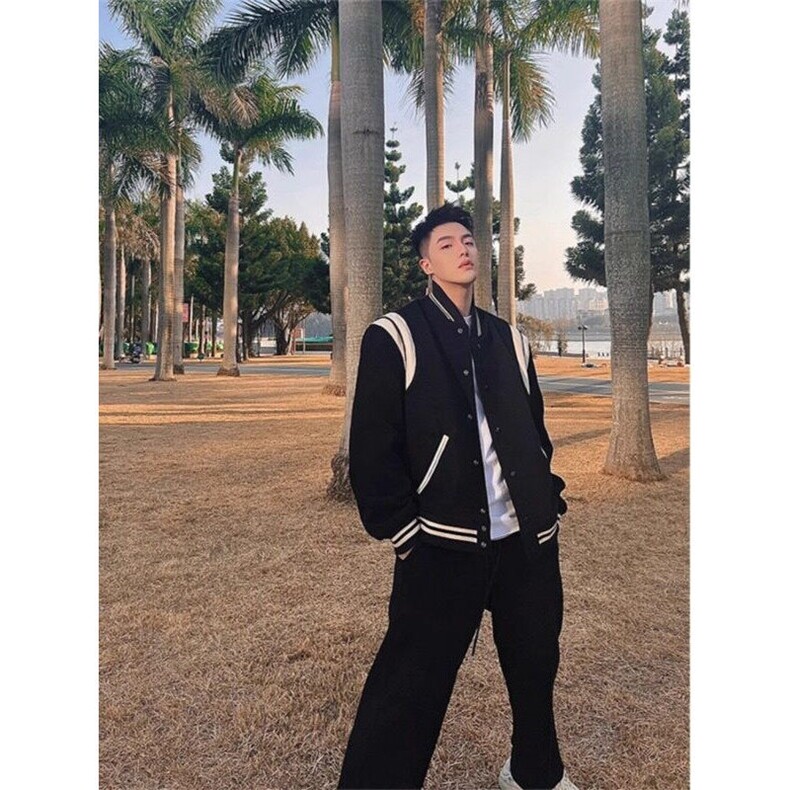 黑白撞色棒球服外套男春秋新款美式潮牌高级感宽松毛呢飞行员夹克,男装夹克,星座601-2