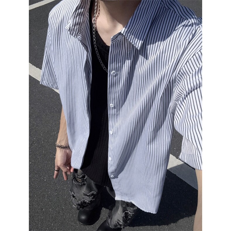 B221美式ins高街宽松薄款条纹短袖衬衫SY2552-特P28控49,男装T恤,电商B221