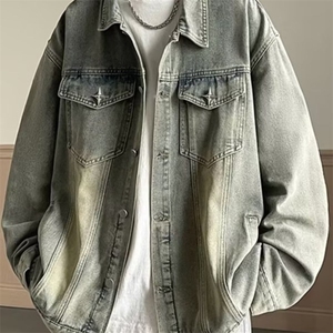 牛仔外套男秋季潮牌美式高街夹克男翻领痞帅宽松休闲褂子上衣服图片