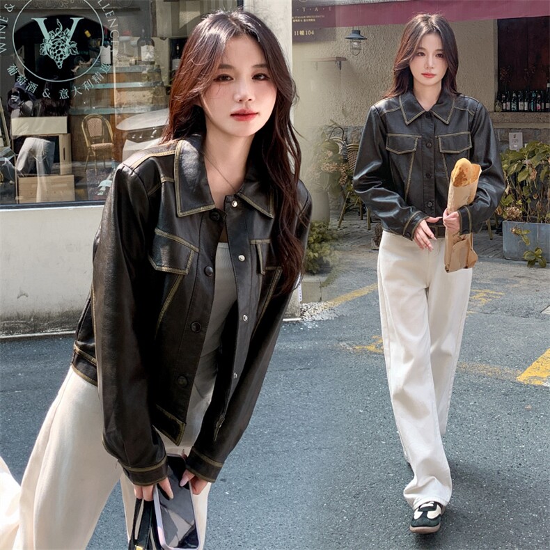棕色皮衣外套女2025新春新款小个子港风复古皮夹克美拉德机车外套图片