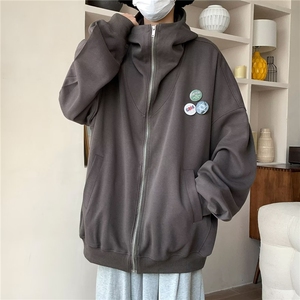 廓形徽章连帽卫衣男女生春秋季学院风基础款纯色休闲外套-WY79图片