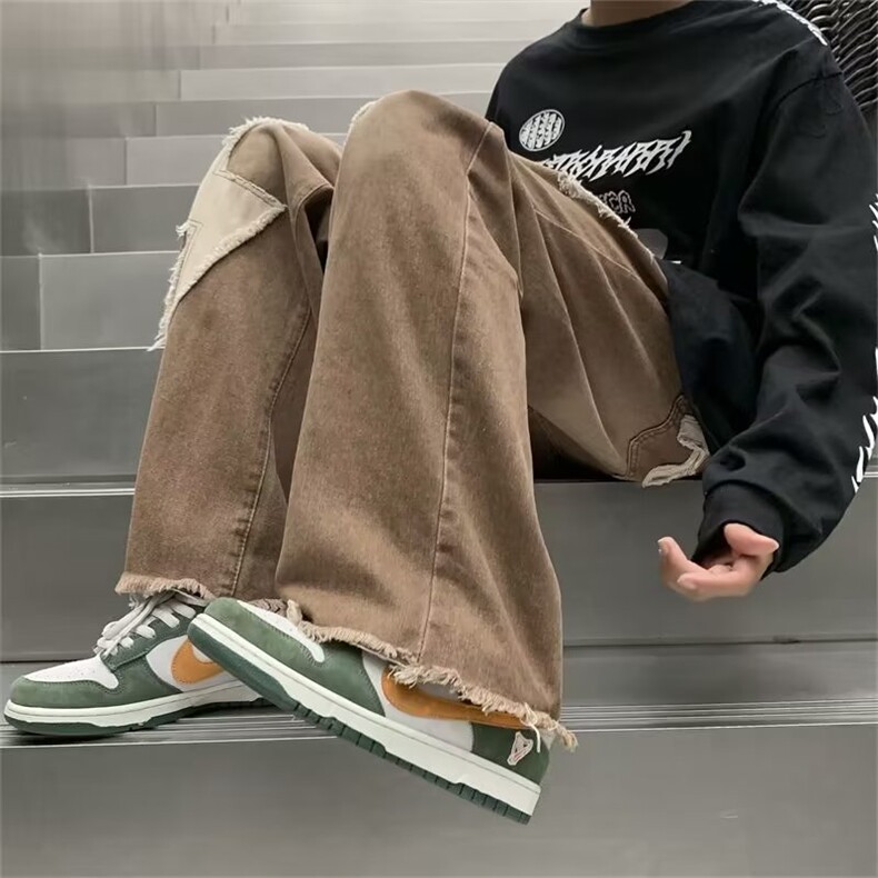 美式棕色裤子牛仔裤男潮牌水洗直筒裤刺绣设计感高街N0558-P45图片
