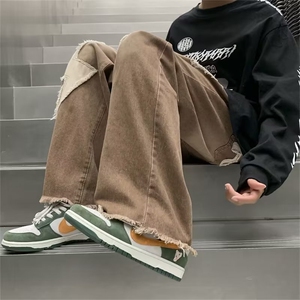 美式棕色裤子牛仔裤男潮牌水洗直筒裤刺绣设计感高街N0558-P45图片