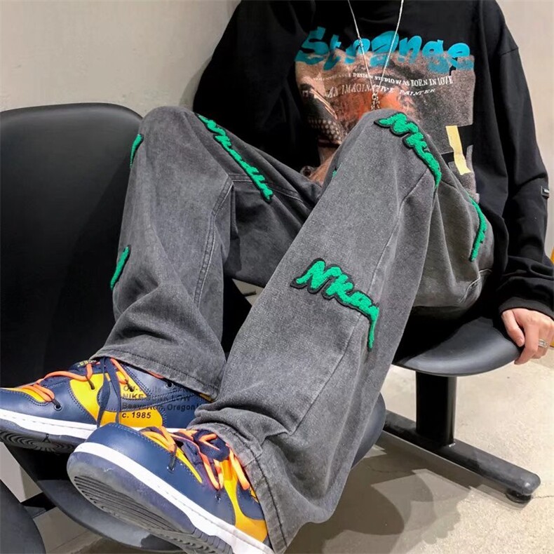 欧美hiphop裤子高街ins潮植绒牛仔裤设计感小众直筒裤男GH134-P52，男装牛仔裤，星座1008-1