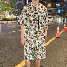 2025夏季新中式冰丝垂感花衬衣宽松休闲五分套装男TZ666-P58控78，男装休闲套装，电商C305A