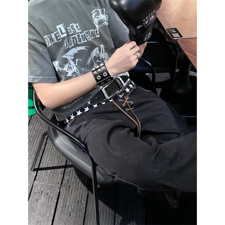 原创小众双腰原牛弯刀牛仔裤叠堆设计感显高,男装牛仔裤,四季星座505