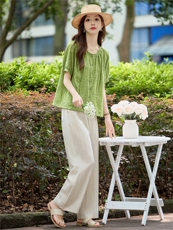 棉麻短袖洋气妈妈衬衫2025夏季新款宽松显瘦遮肉刺绣小衫好看上衣，女装套装/套裙，依万里