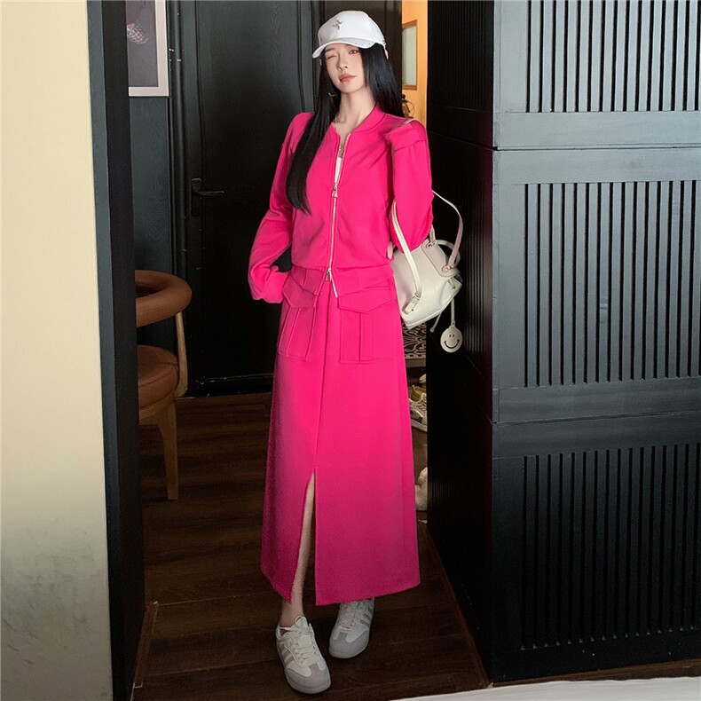 港风时尚休闲套装裙女秋季新款玫红色开衫卫衣开叉半身裙两件套潮,女装套装/套裙,江南