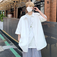 美式高街痞帅衬衫男短袖宽松拉链设计感上衣夏季潮流休闲半袖衬衣，男装T恤，星座506A
