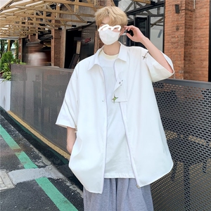 美式高街痞帅衬衫男短袖宽松拉链设计感上衣夏季潮流休闲半袖衬衣图片