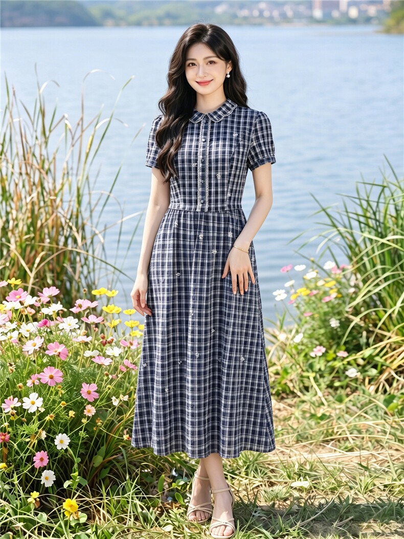 夏季格纹绣花收腰显瘦学院风优雅气质连衣裙,女装连衣裙,水衣源