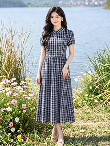夏季格纹绣花收腰显瘦学院风优雅气质连衣裙图片