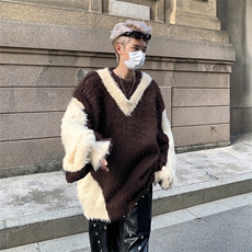 美式撞色设计感水貂绒圆领慵懒风长袖毛衣男女秋冬新款M9158-p65，男装针织衫/毛衣，星座1008