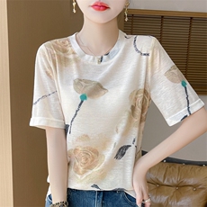 简约圆领新款针织女短袖简约百搭宽松套头上衣，女装针织衫/毛衣，绒宛羊绒