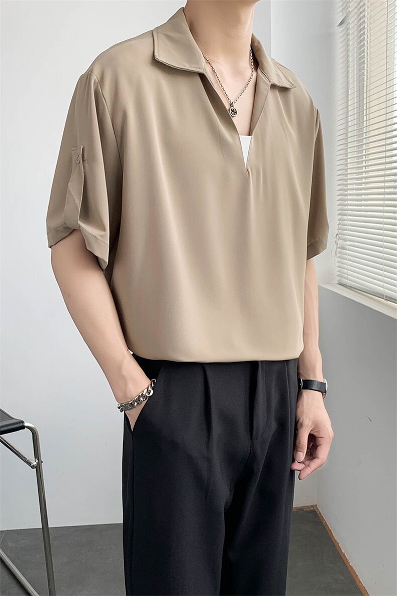 夏季新款冰丝面料套头中袖衬衫五分袖纯色拼接上衣A328-2231-P50,男装衬衫,星座406