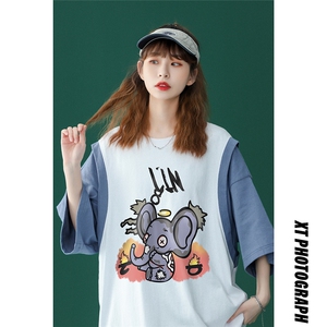 中性 夏季设计感小众卡通小象潮ins圆领宽松短袖T恤 T513 P35控48图片