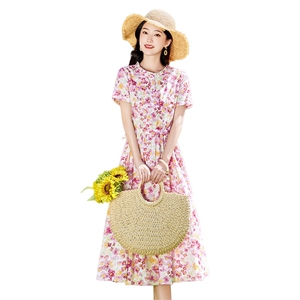 粉色纯棉碎花连衣裙女中长款2026夏新款收腰显瘦减龄气质短袖裙子图片