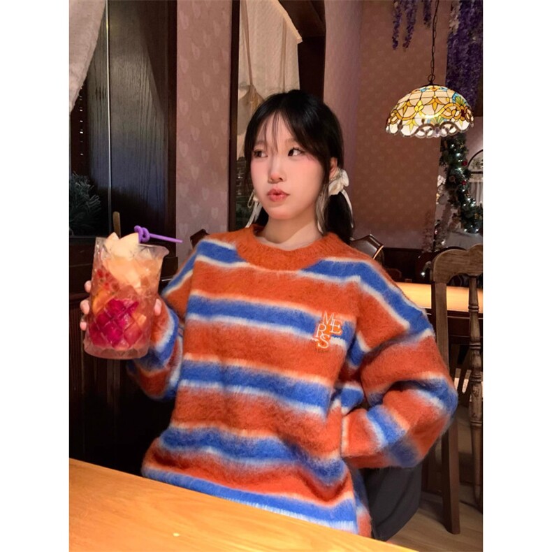 原创美式复古多巴胺撞色针织衫男女宽松休闲慵懒风套头毛衣MYF125,男装针织衫/毛衣,星座516A
