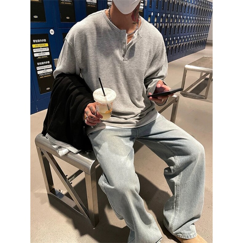 706-1-CT923-P38特P秋季男士假两件亨利领长袖T恤男打底衫，男装T恤，星座706-1