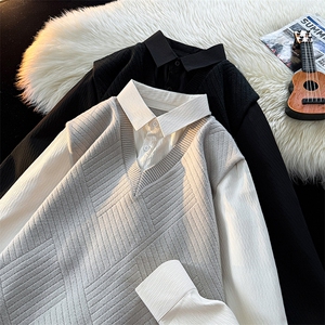 2025抖音男士假两件卫衣衬衫领新款刺绣针织打底衫CS23=P68图片