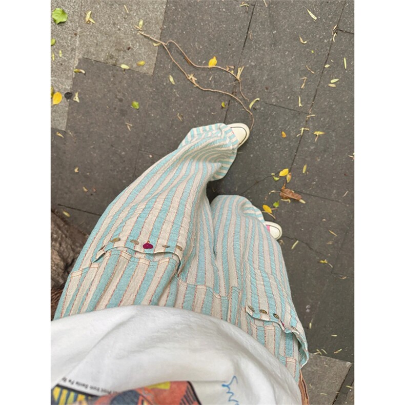 薄荷绿色贝壳扣条纹裤子男女款夏季设计感宽松慵懒长裤CCBN05-P53图片