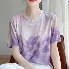 时尚印花短袖t恤女夏季2025新款打底衫洋气大码女装冰丝针织上衣，女装T恤，绒宛羊绒