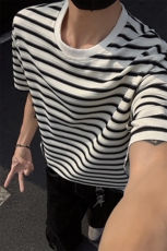 特批P30无差价夏季条纹圆领港风五分短袖T恤男大码百搭上衣T5085，男装T恤，电商A001-1