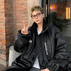 特批P100无差价冬贴标PU皮立领棉服男加棉加厚机车服皮衣外套M91，男装棉衣，电商A001-1