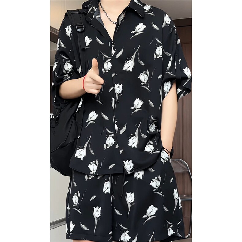 1短袖衬衫男+短裤潮流休闲套装男M-5XL大码TZ78712P50控98模特图,男装牛仔裤,星座226-2
