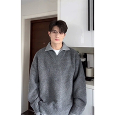 重磅北极绒假两件衬衫领毛衣美式高街复古休闲慵懒纯色翻领针织衫，男装针织衫/毛衣，电商A486