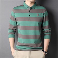男秋季新款男士商务休闲中青年条纹翻领长袖纯棉T恤DS8268-P80图片