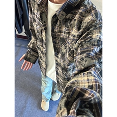 美式做旧格子衬衫男外套男女流苏破坏风情侣衬衣长袖C201，男装衬衫，星座1116A（原606A-3）