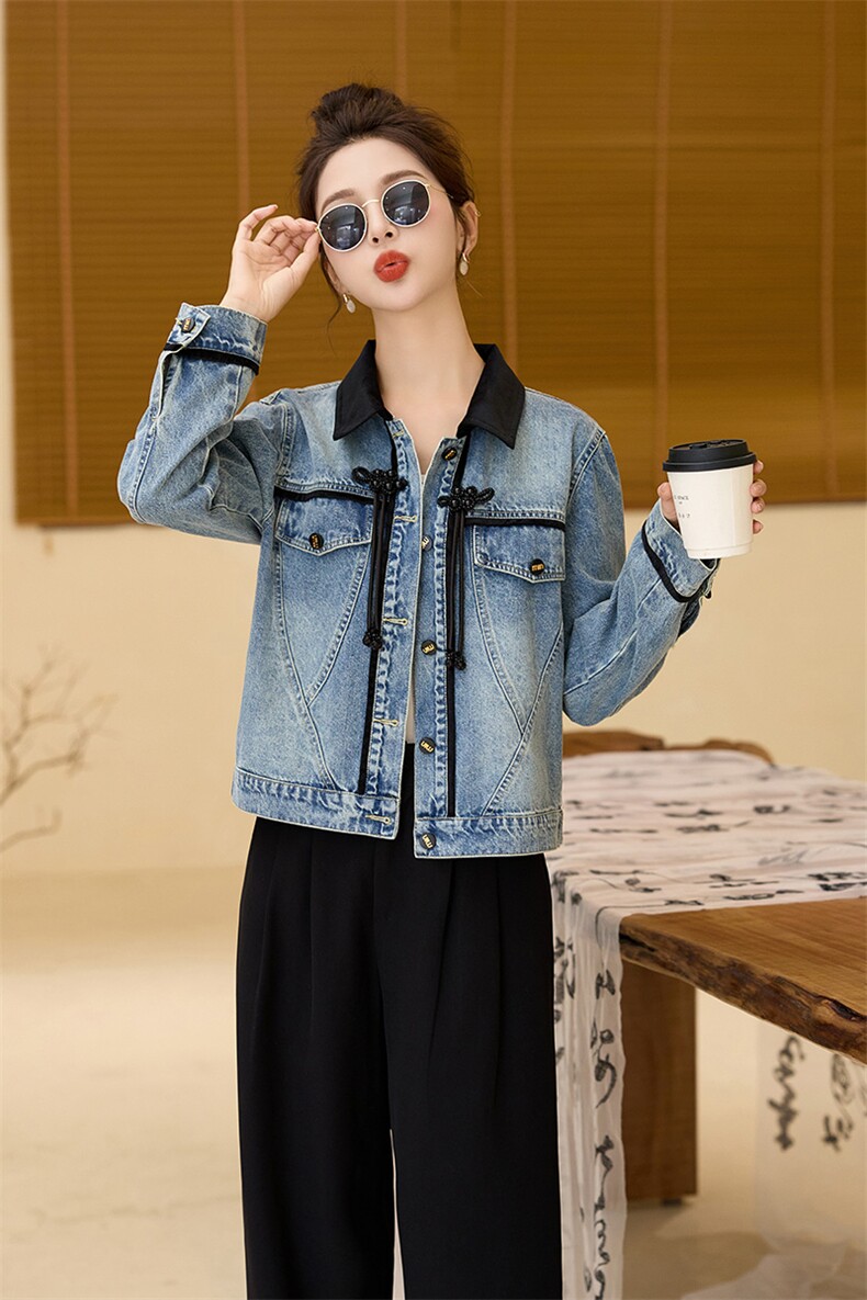 新中式盘扣牛仔外套女2024春季新款国潮风宽松显瘦百搭夹克短上衣,女装短外套,艾仟回(原伊仟回)
