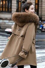 棉衣/棉服2023新款冬仿羊羔毛中长款工装带帽派克服女外套配毛领，女装派克服，瑶迪依秀