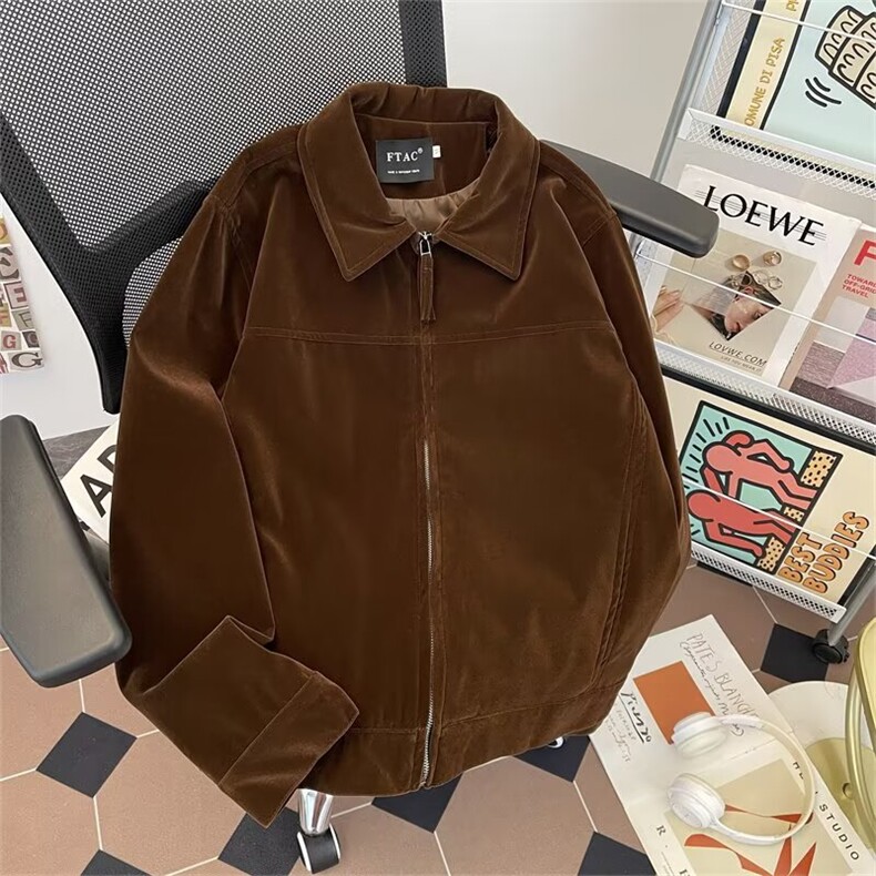 男装短款宽松翻领外套拉链麂皮绒面飞行夹克港风外套潮2177P73,男装夹克,星座410-2