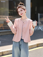 新中式国风粉色短外套女2025春新款小个子高级感独特漂亮百搭上衣，女装短外套，橙子家