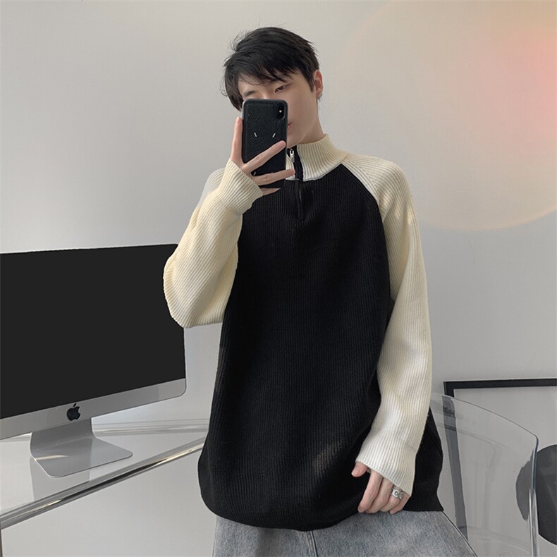 8XL-M半拉链立领毛衣外套男针织衫慵懒拼接插肩袖线衣MY19001P78,男装针织衫/毛衣,电商B312