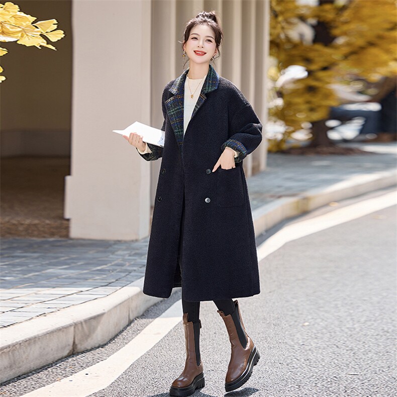 格纹两面穿毛呢外套女中长款2025秋冬装新款韩版宽松加厚呢子大衣,女装双面呢大衣,采品优优