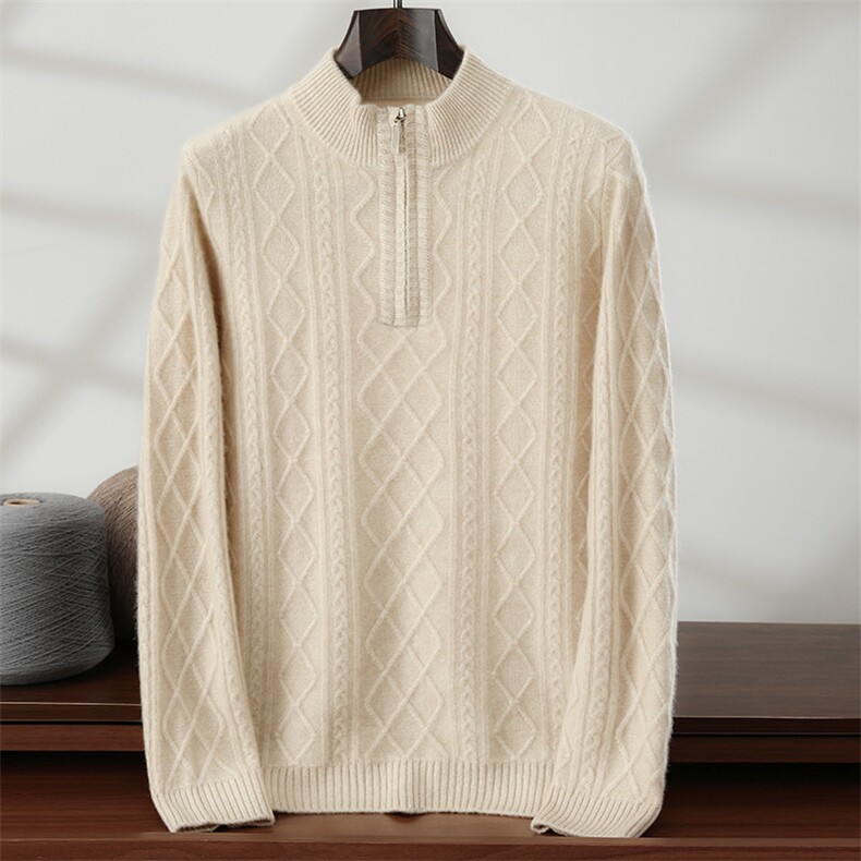 秋冬新款纯色针织半高拉链套头上衣，男装针织衫/毛衣，隆格羊绒